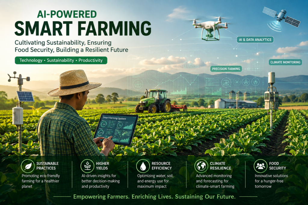 AI-powered smart farming technology with Indian farmer, agricultural drone, IoT sensors and crop monitoring